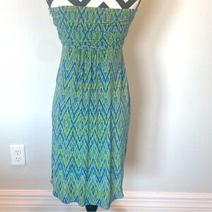 Jennifer Lopez Smocked Strapless Sundress Blue and Green